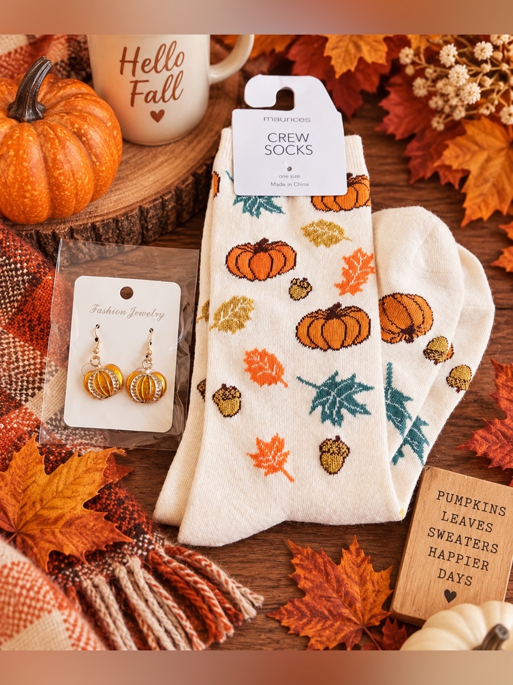 Cozy Fall Gift Set – Maurices Pumpkin & Autumn Socks + Pumpkin Earrings